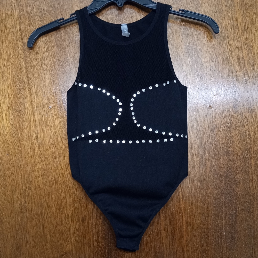 Black Sleeveless Bodysuit with High Neckline and Decorative Pattern